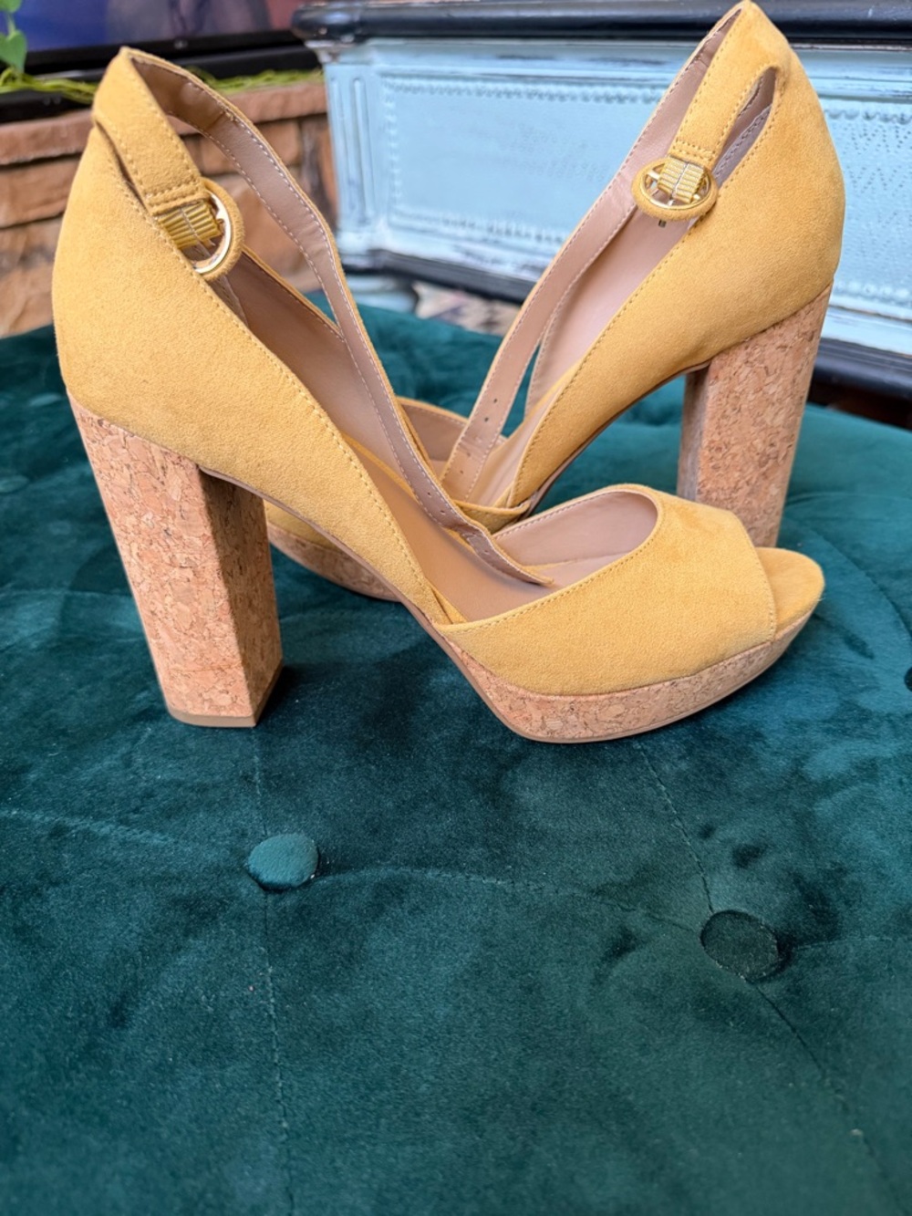 Sun + Stone Reeta Pale Yellow Suede Cork Platform Heels